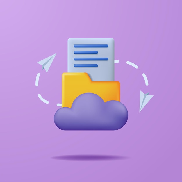 Concetto di trasferimento dati del server di file cloud. Cartella gialla dell'icona sveglia 3d con il documento della pagina.