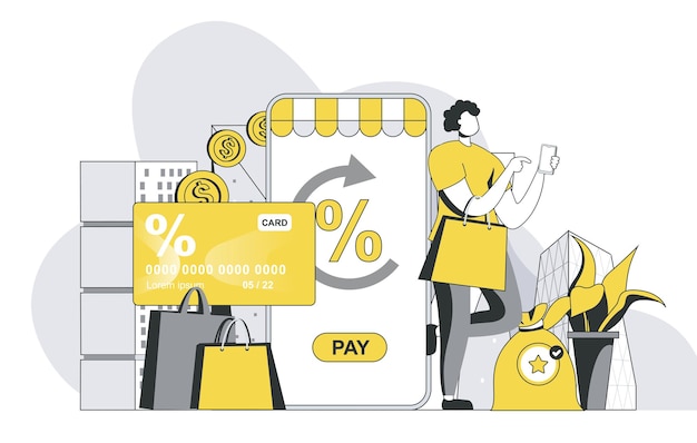 Concetto di trasferimento di denaro con scena di persone di contorno Il cliente donna paga per gli acquisti nel servizio online
