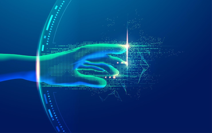 Vettore concetto di trasformazione digitale o apprendimento profondo, grafica della mano che raggiunge con elementi futuristici