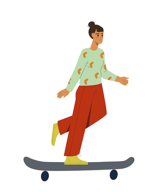 Concetto di trasporto elettrico Donna allo skateboard eco-friendly Cura della natura e dell'ecologia Stile di vita a rifiuti zero Poster o banner Illustrazione vettoriale piatta del fumetto isolata su sfondo bianco