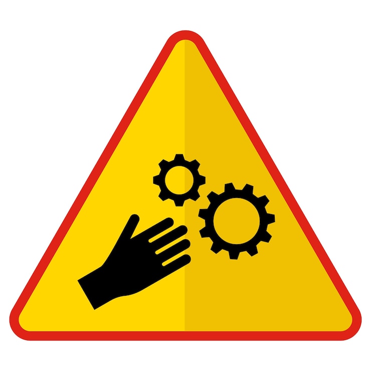 Concetto di triangolo giallo rosso di macchine rotanti Parti in movimento Avviso di guida del traffico moderno Normativo