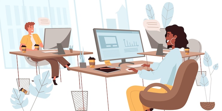 Vettore concetto di ufficio affari in design piatto. i dipendenti parlano e discutono di compiti, lavorano al computer seduti sul posto di lavoro, lavoro di squadra. i colleghi comunicano nella scena della gente dell'ufficio. illustrazione vettoriale