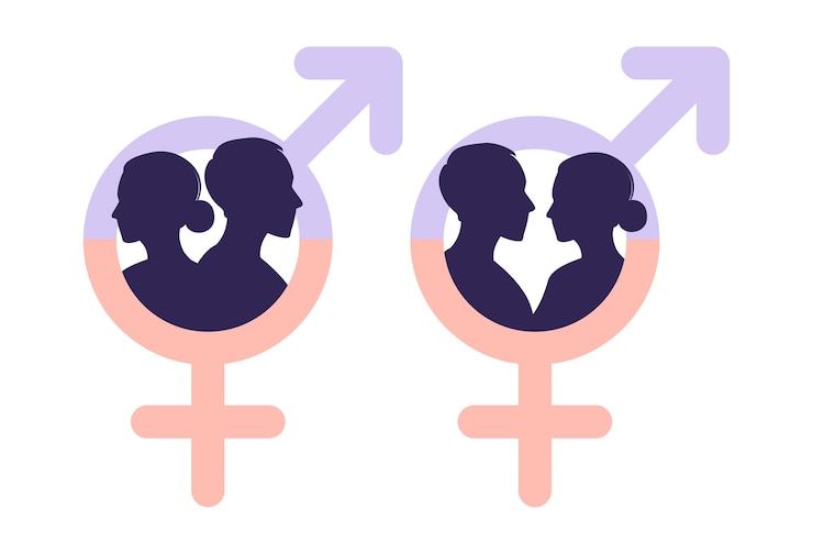 Vettore concetto di uguaglianza di genere. carattere di uomini e donne sulla bilancia per l'uguaglianza di genere. sagome di un uomo e una donna. il segno di genere. illustrazione vettoriale. appartamento.