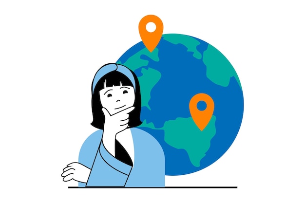 Concetto di vacanza di viaggio con scena di persone in web design piatto Donna che pensa e sceglie la pianificazione del viaggio globale volo verso paesi Illustrazione vettoriale per materiale di marketing banner sui social media