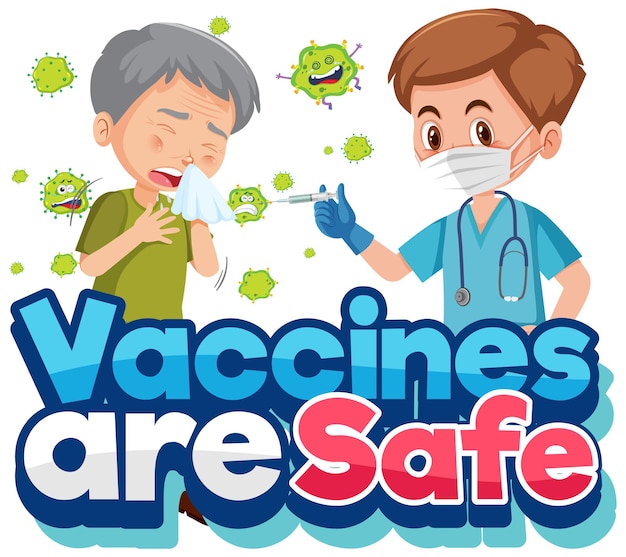 Concetto di vaccinazione contro il coronavirus con personaggio dei cartoni animati e i vaccini sono font sicuri