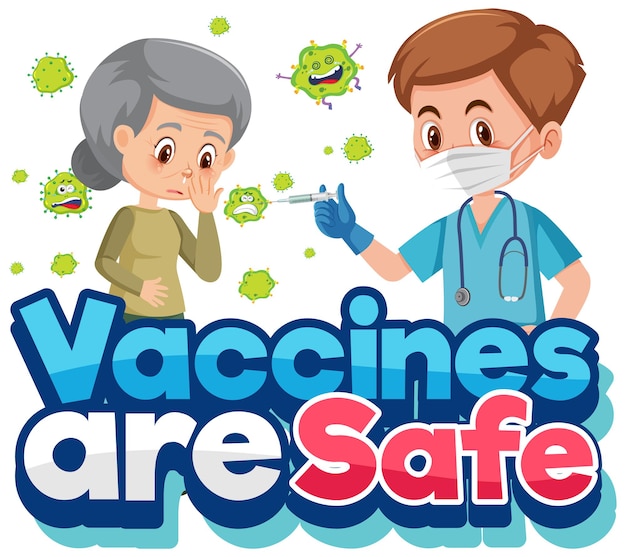 Concetto di vaccinazione contro il coronavirus con personaggio dei cartoni animati e i vaccini sono font sicuri