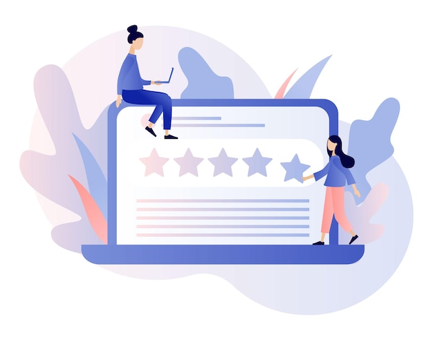 Concetto di valutazione a stelle Recensioni dei clienti Le persone lasciano feedback e commenti Stile cartone animato piatto moderno