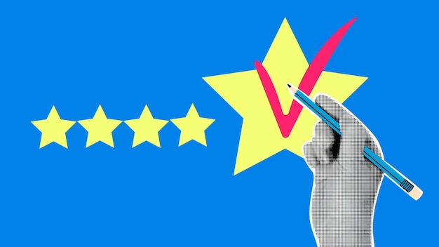 Concetto di valutazione del feedback online Collage con una mano che mette una zecca su una stella