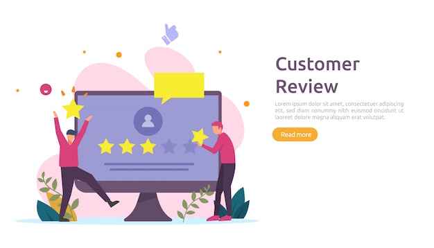 Concetto di valutazione della recensione del cliente. carattere delle persone che dà una valutazione di feedback. livello di soddisfazione e supporto critico con smartphone per landing page web, social, poster, pubblicità, promozione o supporti di stampa