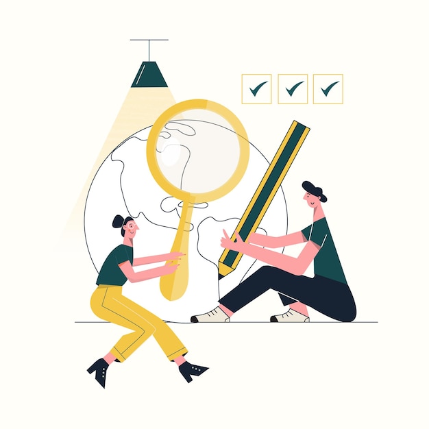 Concetto di verifica dei fatti. Personaggi maschili e femminili che controllano la Terra. Vero vs falso illustrazione vettoriale piatto. Miti e fatti. Piccole persone. Illustrazione vettoriale piatto isolato su sfondo bianco