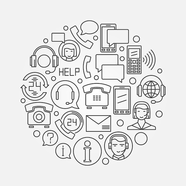 Vettore concetto di vettore di call center illustrazione rotonda in stile linea sottile