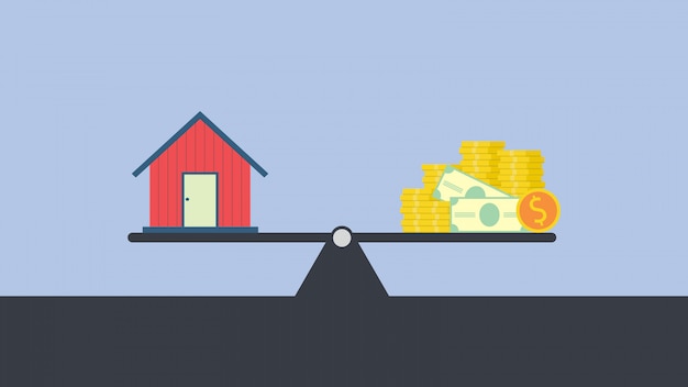 Concetto di vettore di investimento nel settore immobiliare come casa a schiera, bilance con la casa privata e denaro