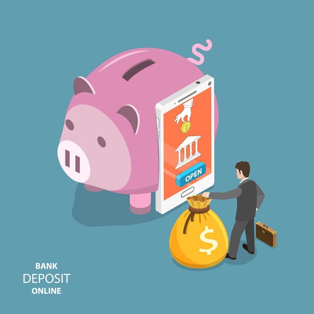 Concetto di vettore isometrico piatto deposito bancario online.