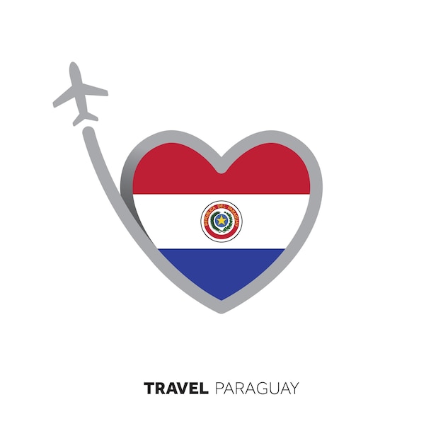 Concetto di viaggio in Paraguay Bandiera a forma di cuore con aereo