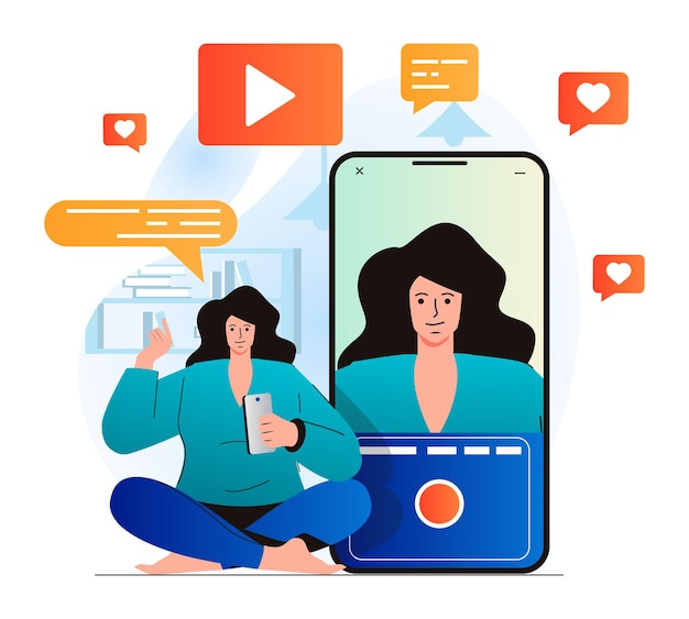 Concetto di video blogging in un moderno design piatto Donna che registra video clip sul cellulare