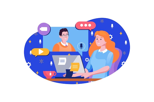 Concetto di videoconferenza blu con scena di persone nel design piatto dei cartoni animati