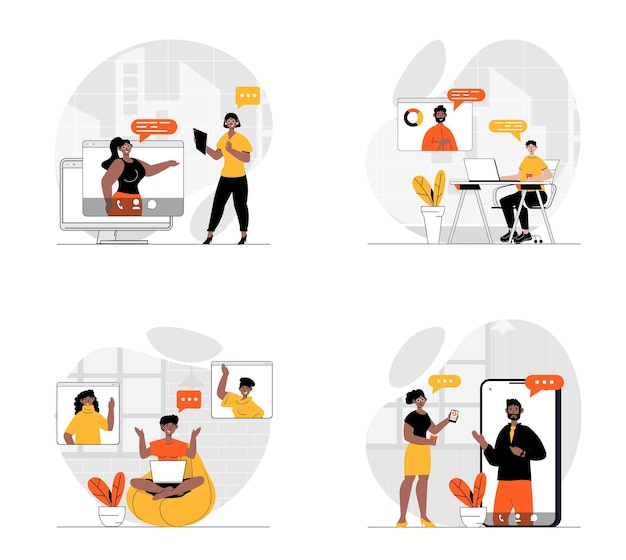 Concetto di videoconferenza con set di caratteri Raccolta di scene persone che parlano tramite videochiamata discutendo di compiti di lavoro collega che si connette online tramite app Illustrazioni vettoriali in flat web design