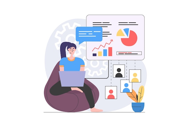Concetto di videoconferenza in moderno design piatto per il web Donna che esegue compiti di lavoro a distanza e fa analisi dei dati condividendo il link per riferire con i colleghi online per il lavoro di squadra Illustrazione vettoriale