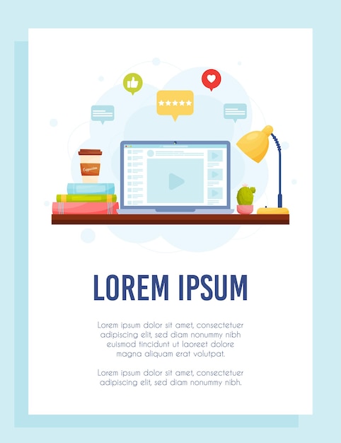 Concetto di volantino per corsi online Spazio di lavoro domestico Illustrazione vettoriale di istruzione a distanza