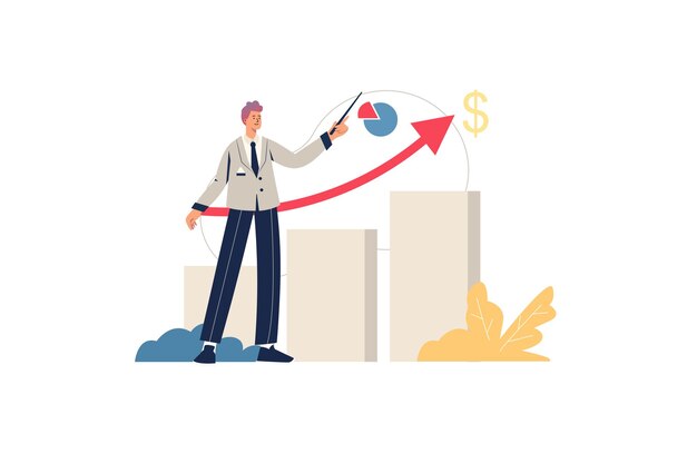 Concetto di web di prestazioni di vendita. Il marketer maschio mostra la crescita dei profitti, lo sviluppo del business di successo, analizza le statistiche finanziarie, la scena delle persone minime. Illustrazione vettoriale in design piatto per sito web