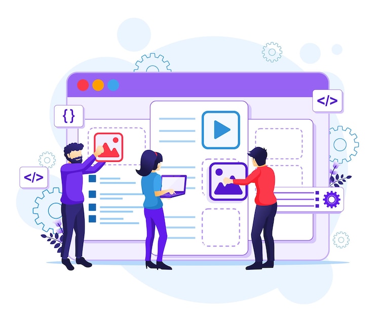 Vettore concetto di web, persone che creano un'applicazione web, contenuto e illustrazione di testo