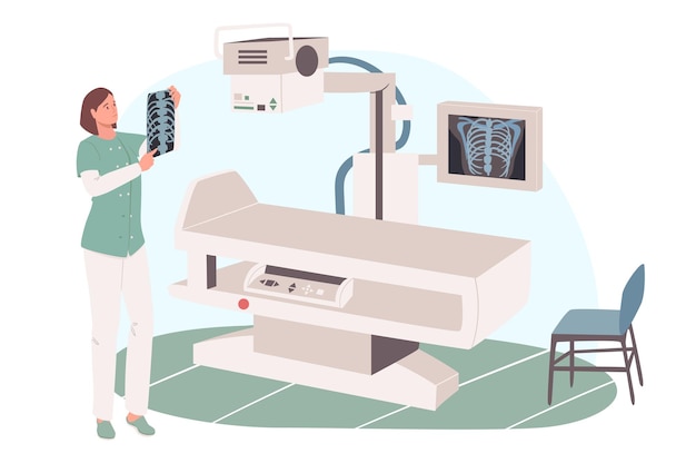 Concetto di web studio medico. Medico che esamina l'immagine a raggi x nella sala esame radiografico. Trattamento in clinica medica