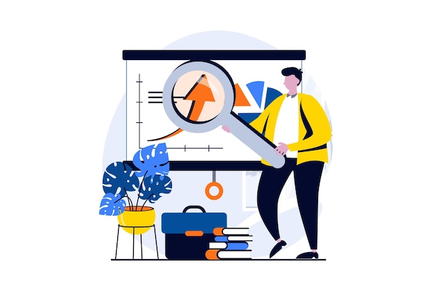 Concetto economico globale con scena di persone in un design piatto di cartoni animati L'uomo con la lente di ingrandimento analizza grafici e grafici e studia il trend di crescita globale per gli investimenti Illustrazione vettoriale storia visiva per il web