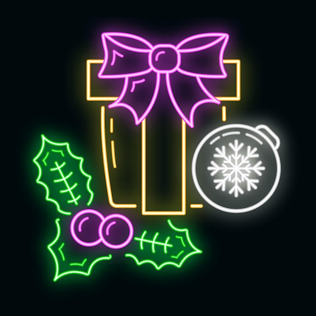 Concetto felice anno nuovo e buon natale neon bagliore icona di stile, etichetta di natale vacanza inverno piatto vettore illustrazione, simbolo isolato su nero.