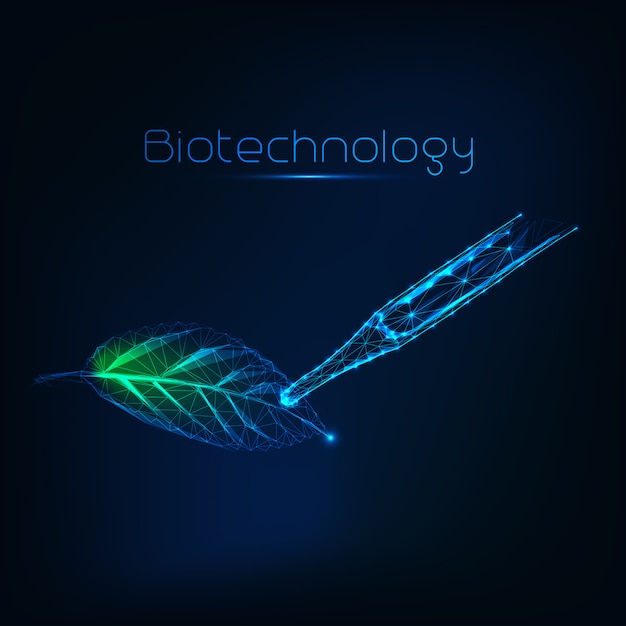 Concetto futuristico di biotecnologia con la foglia verde e il contagoccia di incandescenza low poly su blu scuro.