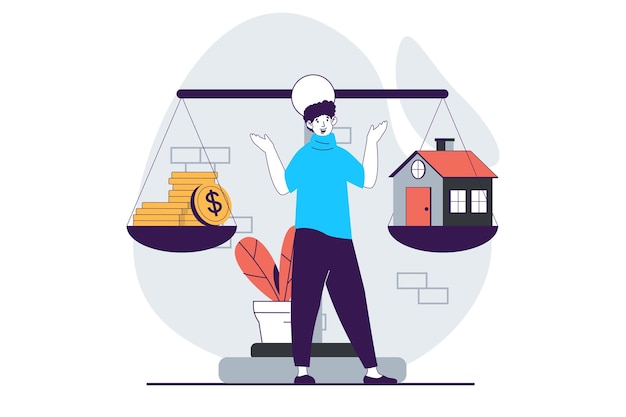 Concetto immobiliare con persone scena in design piatto per il web L'uomo decide di investire i risparmi nell'acquisto di una casa idea di pesare sulla bilancia Illustrazione vettoriale per social media banner materiale di marketing
