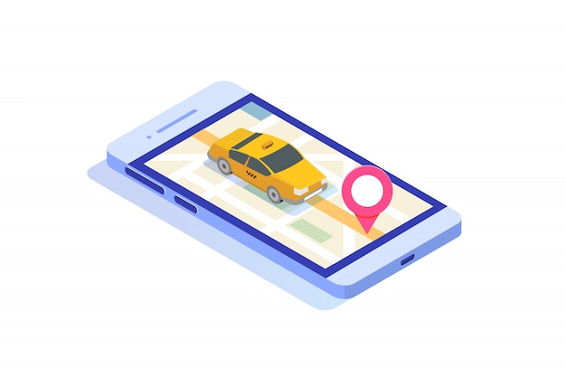 Concetto isometrico app taxi mobile online. Punto di percorso GPS e cabina gialla.