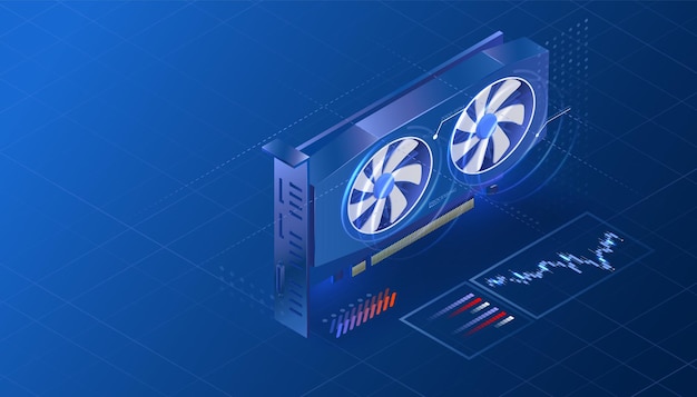Concetto isometrico della scheda video Illustrazione del vettore di mining di crittografia GPU