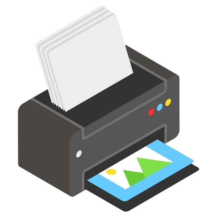 Concetto isometrico della stampante digitale a colori Stampa in uscita dal dispositivo Video blogger vlogger o video