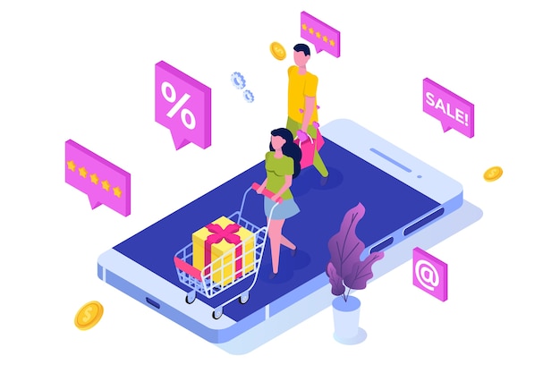 Concetto isometrico dello shopping online con personaggi