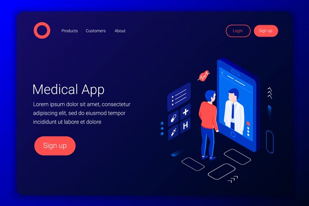 Concetto isometrico di consultazione medica. Il dottore parla al paziente attraverso lo schermo. Diagnostica in linea. Applicazione medica in linea. Stile 3d piatto. Modello di pagina di destinazione. illustrazione.