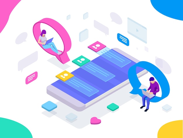 Concetto isometrico di social media network comunicazione digitale chat chat online icone app uomo e donna Notifica messaggi chat sullo smartphone