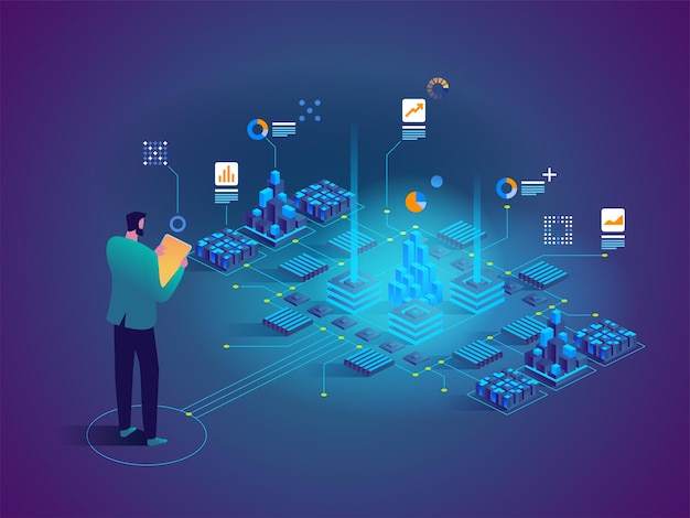 Concetto isometrico di vettore di analisi dei dati. Layout del sito web dell'infrastruttura mainframe di rete. Tecnico nel datacenter o nel fondo della stanza del data center. Archiviazione di computer o postazione di lavoro agricola.