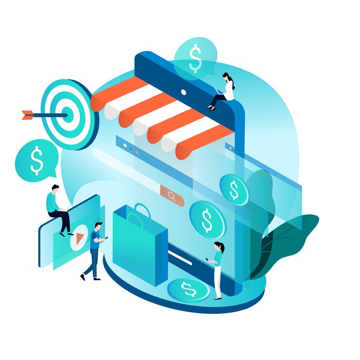Vettore concetto isometrico per lo shopping online e l'e-commerce