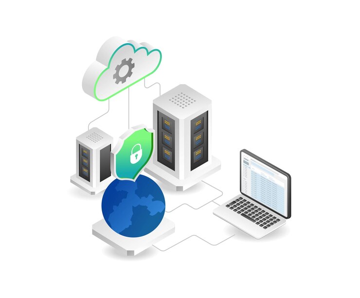 Vettore concetto isometrico piatto dell'illustrazione del server di sicurezza dei dati mondiali