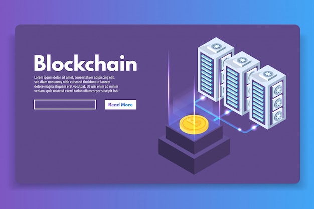 Concetto isometrico ultravioletto di mining Bitcoin farm. Illustrazione vettoriale