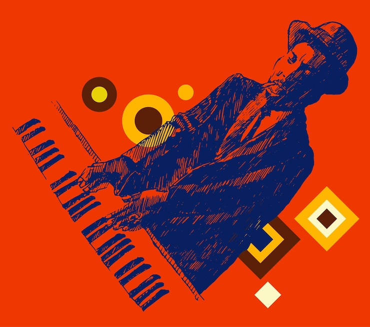 Vettore concetto jazz, uomo che suona il sintetizzatore, illustrazione musicale vintage