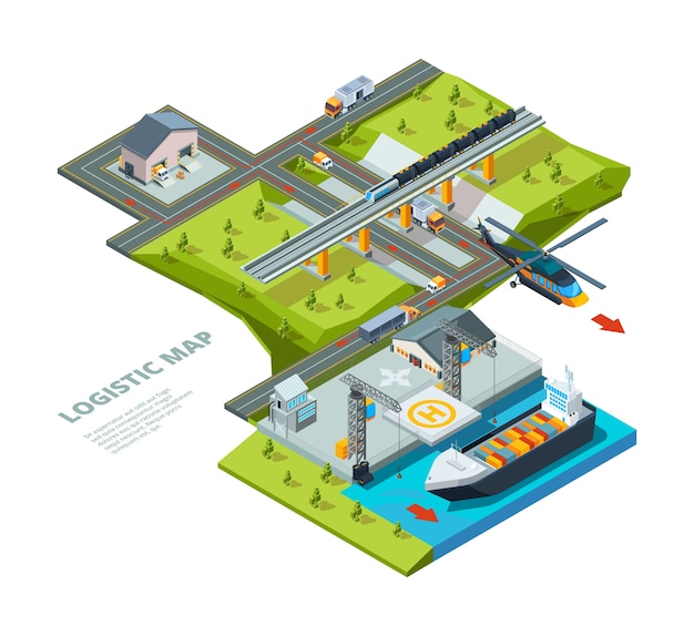 Concetto logistico. La mappa stradale indica le ferrovie di spedizione dell'oceano e il fondo logistico del trasporto di merci automatiche isometrico. Consegna del carico, camion e illustrazione marittima logistica