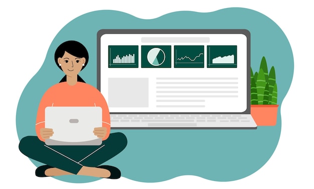 Concetto per il targeting online, smm, analisi. Una donna è seduta a gambe incrociate con un laptop. Primo piano di un laptop con una pagina del sito Web aperta. Illustrazione piatta vettoriale