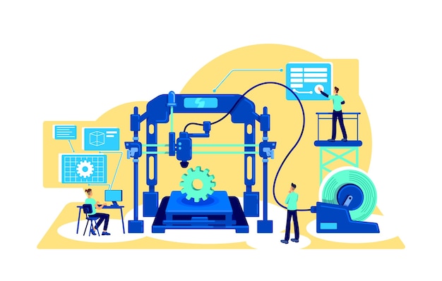 Concetto piatto di automazione dei processi. Digitalizzazione dei macchinari di fabbrica. Trasformazione digitale. Realizza personaggi dei cartoni animati 2D per il web design. Idea creativa di automazione