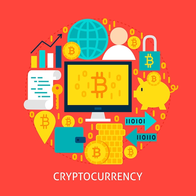 Concetto piatto di criptovaluta. Illustrazione di vettore di progettazione del manifesto. Insieme di oggetti Bitcoin.