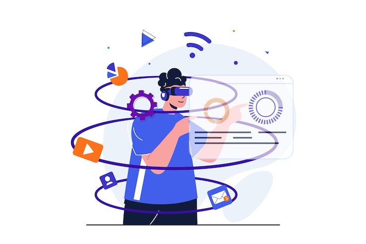 Vettore concetto piatto moderno del cyberspazio per la progettazione di banner web l'uomo con gli occhiali vr esplora la realtà aumentata