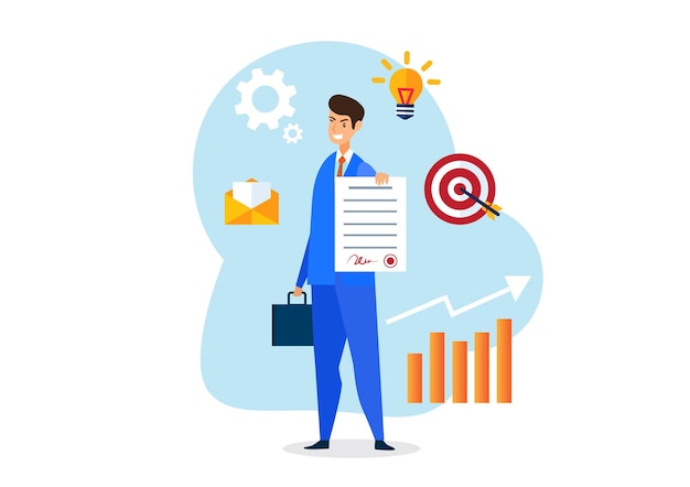 Concetto premiato Un uomo detiene un certificato di successo come un uomo d'affari di successo con un design piatto di illustrazione vettoriale