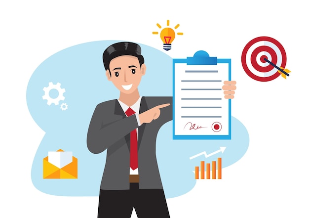 Concetto premiato un uomo in possesso di un certificato di successo come design piatto illustrazione vettoriale uomo d'affari di successo