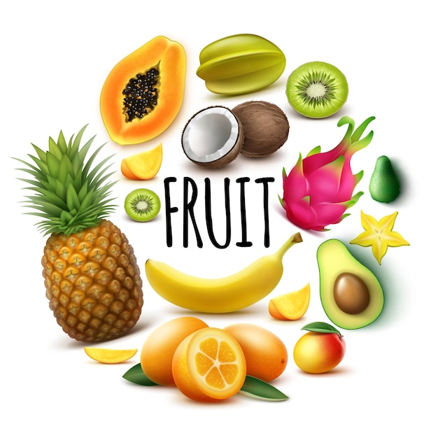 Concetto rotondo di frutta esotica fresca realistica con banana ananas papaia cocco mango kumquat avocado guava carambola kiwi frutta drago isolato