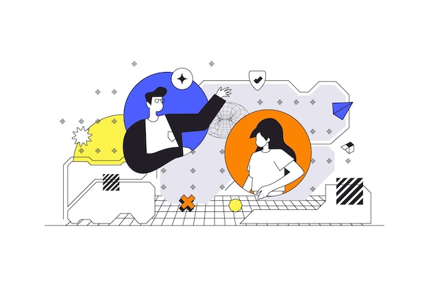 Concetto web di gestione del cyberspazio in design piatto con caratteri